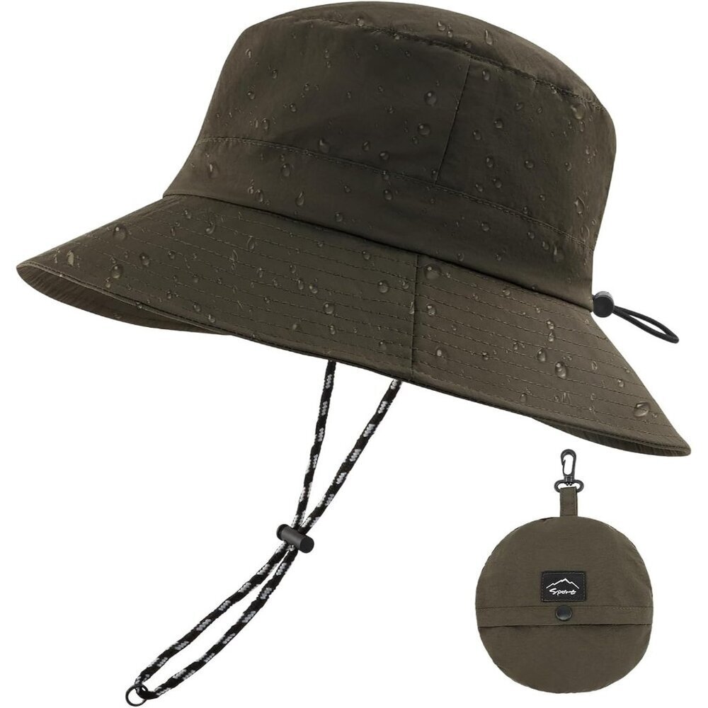 Unisex Green 100% Nylon Waterproof Wide Brim Mesh Vent Chin Strap Bucket Hat